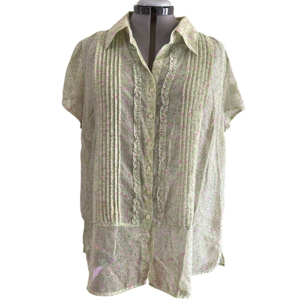 Bay Studio Plus Soft Sage Floral Pintuck Button Blouse Lightweight Summer Top 1X
